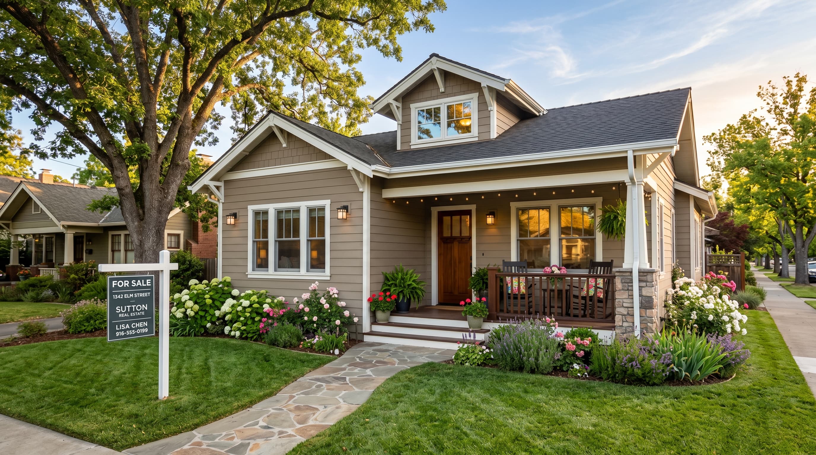 Freshly prepped Sacramento home with painted exterior, clean gutters, manicured landscaping, and a for sale sign in the front yard, ready for MLS listing photos